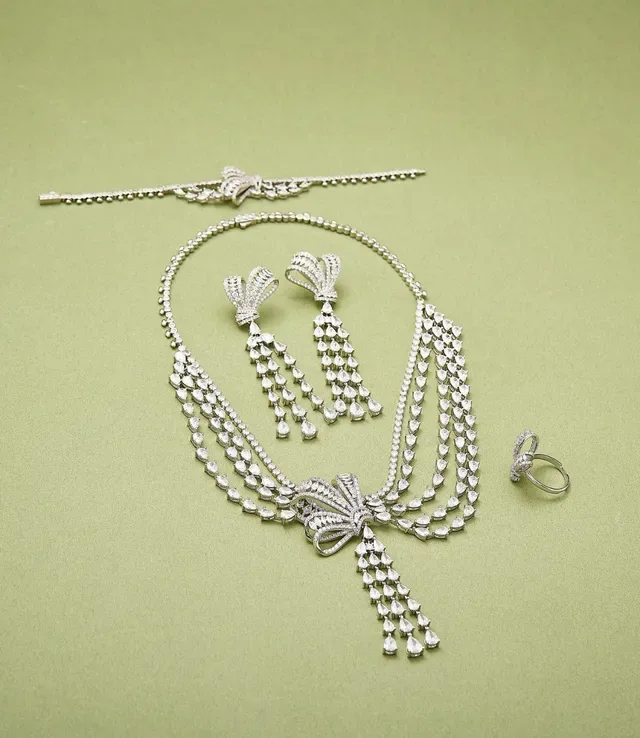 Multi-Strand Bow Motif Pavé Tassel Necklace 5