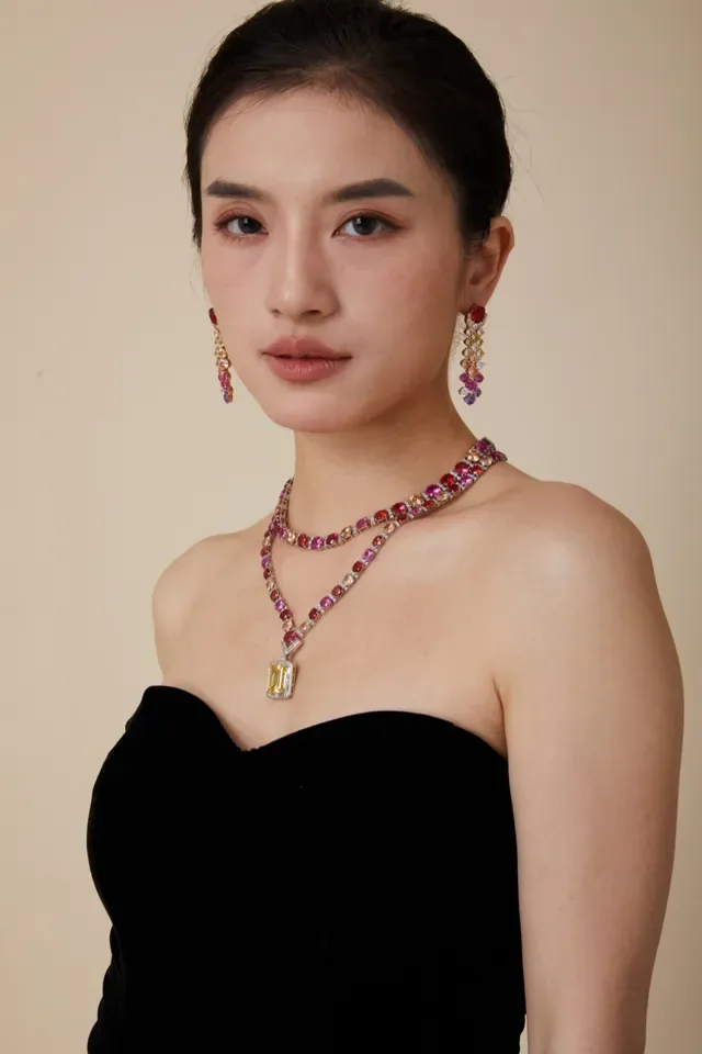Multicolor Gemstone-Encrusted Rose Gold Pendant Necklace 3