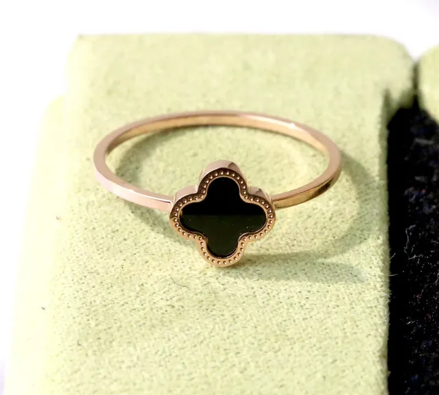 Multicolor Gold Four-Leaf Clover Motif Enamel Inlay Ring 12