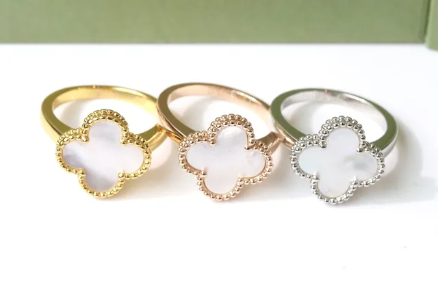 Multicolor Gold Four-Leaf Clover Motif Enamel Inlay Ring 14