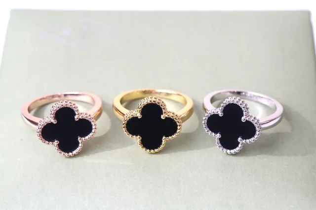 Multicolor Gold Four-Leaf Clover Motif Enamel Inlay Ring 15