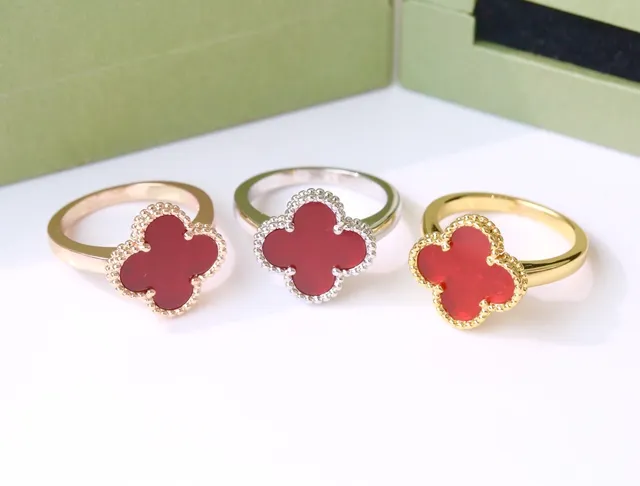 Multicolor Gold Four-Leaf Clover Motif Enamel Inlay Ring 16