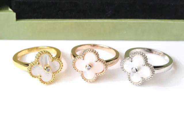 Multicolor Gold Four-Leaf Clover Motif Enamel Inlay Ring 20