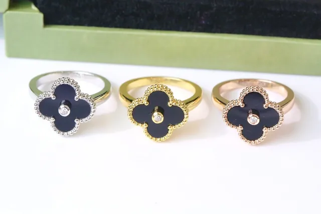 Multicolor Gold Four-Leaf Clover Motif Enamel Inlay Ring 21