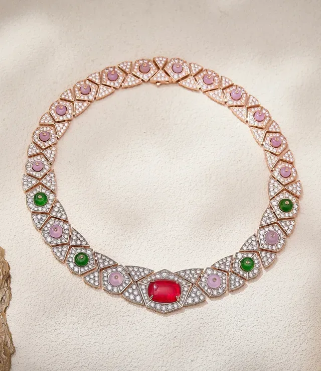 Multicolor Gold Geometric Link Design Pavé Diamond Setting Necklace 3