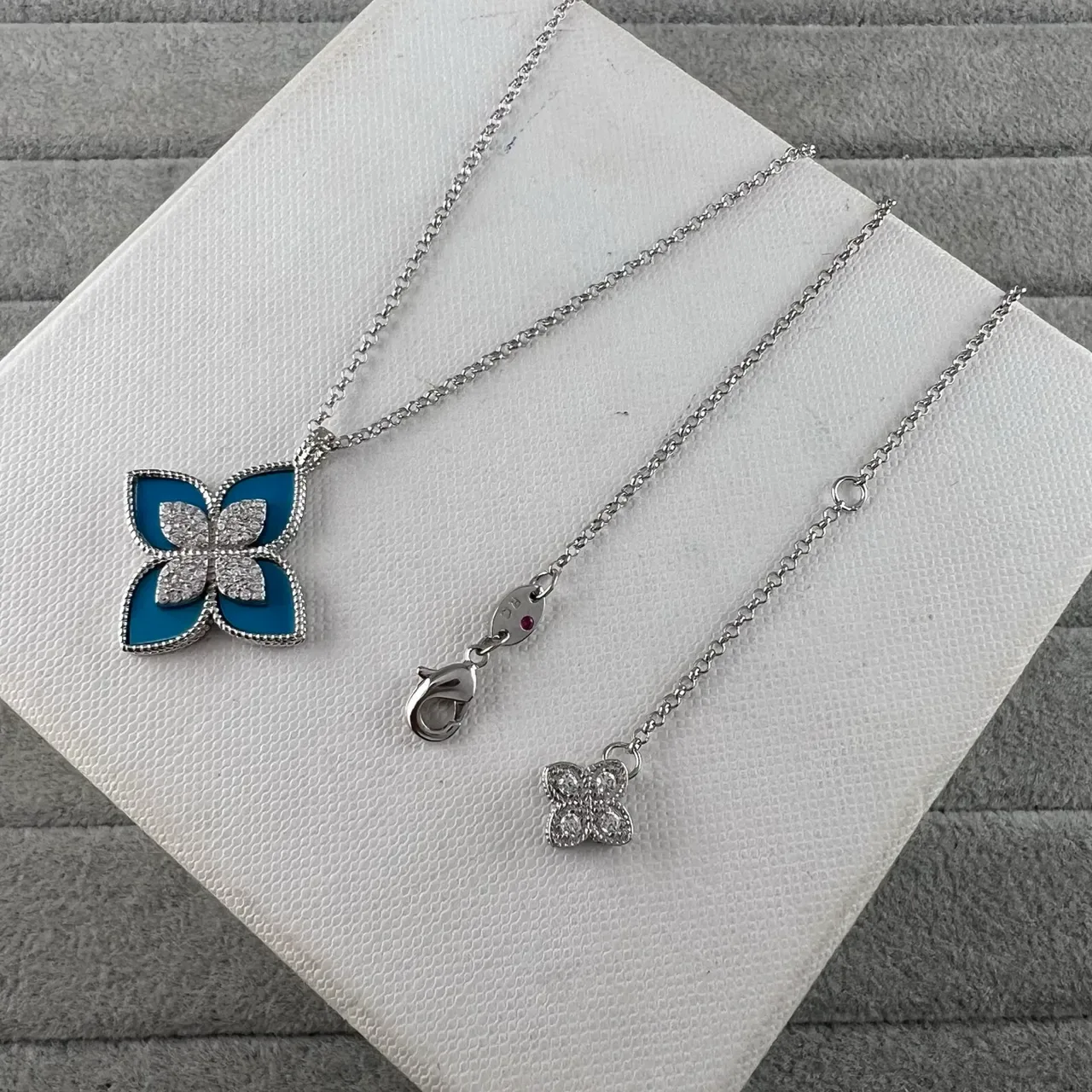 Multicolor Silver Four-Petal Floral Pendant Paved Crystal Center Necklace 2