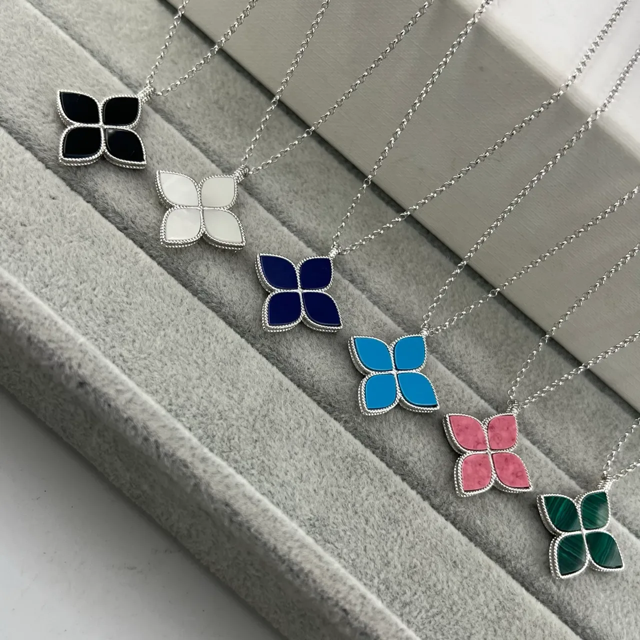Multicolor Silver Four-Petal Floral Pendant Paved Crystal Center Necklace 8