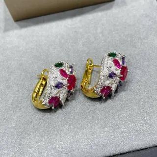 Multigem Cluster Gold-Tone Hinged Hoop Earrings