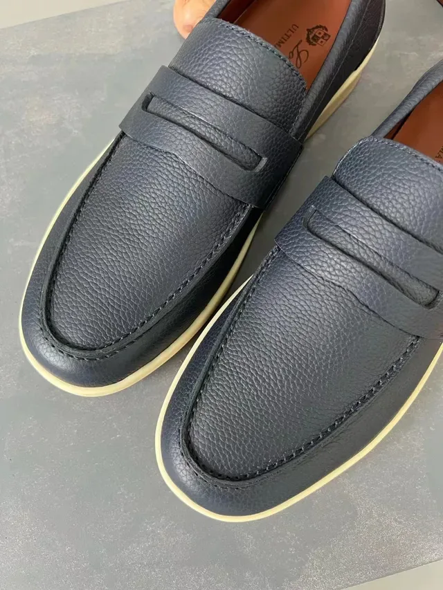 Navy Beige Pebbled Leather Penny Strap Loafer 3