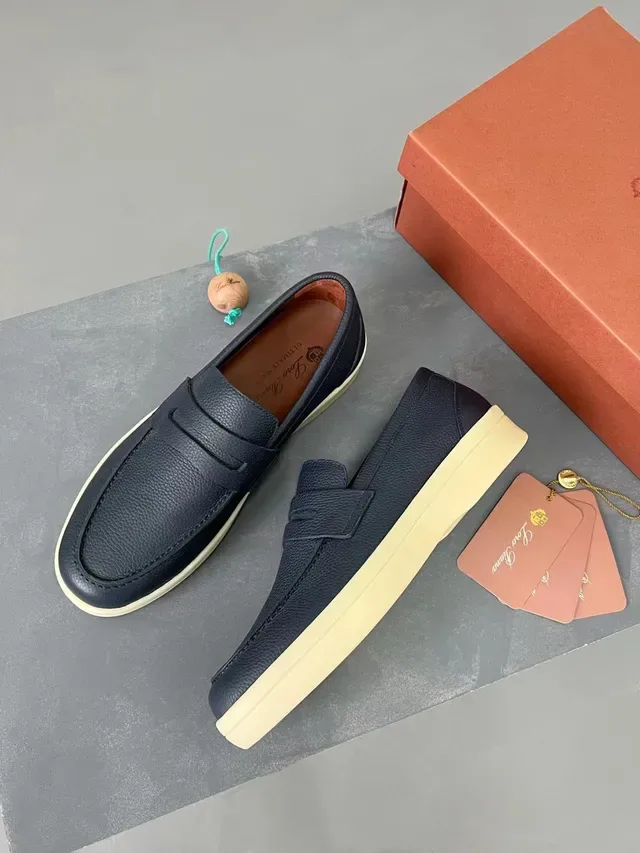 Navy Beige Pebbled Leather Penny Strap Loafer 4