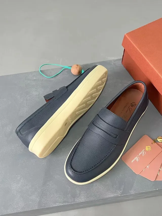 Navy Beige Pebbled Leather Penny Strap Loafer 5