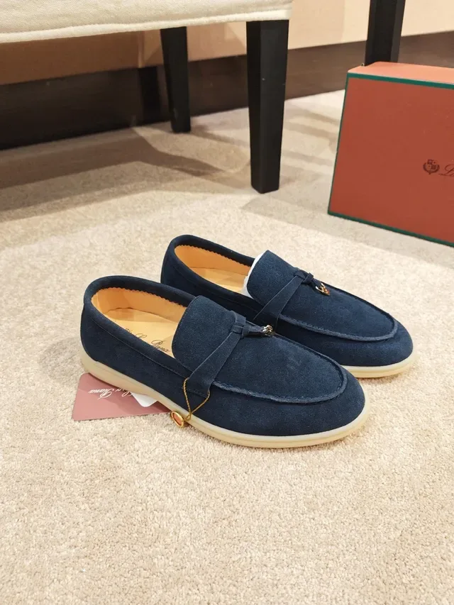 Navy Beige Suede Metal-Accented Strap Loafer 5