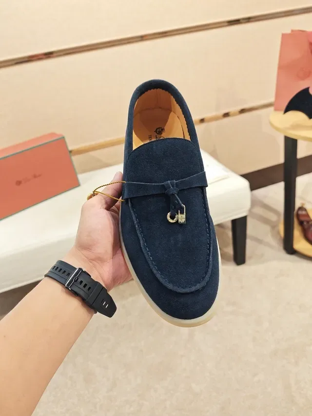 Navy Beige Suede Metal-Accented Strap Loafer 6
