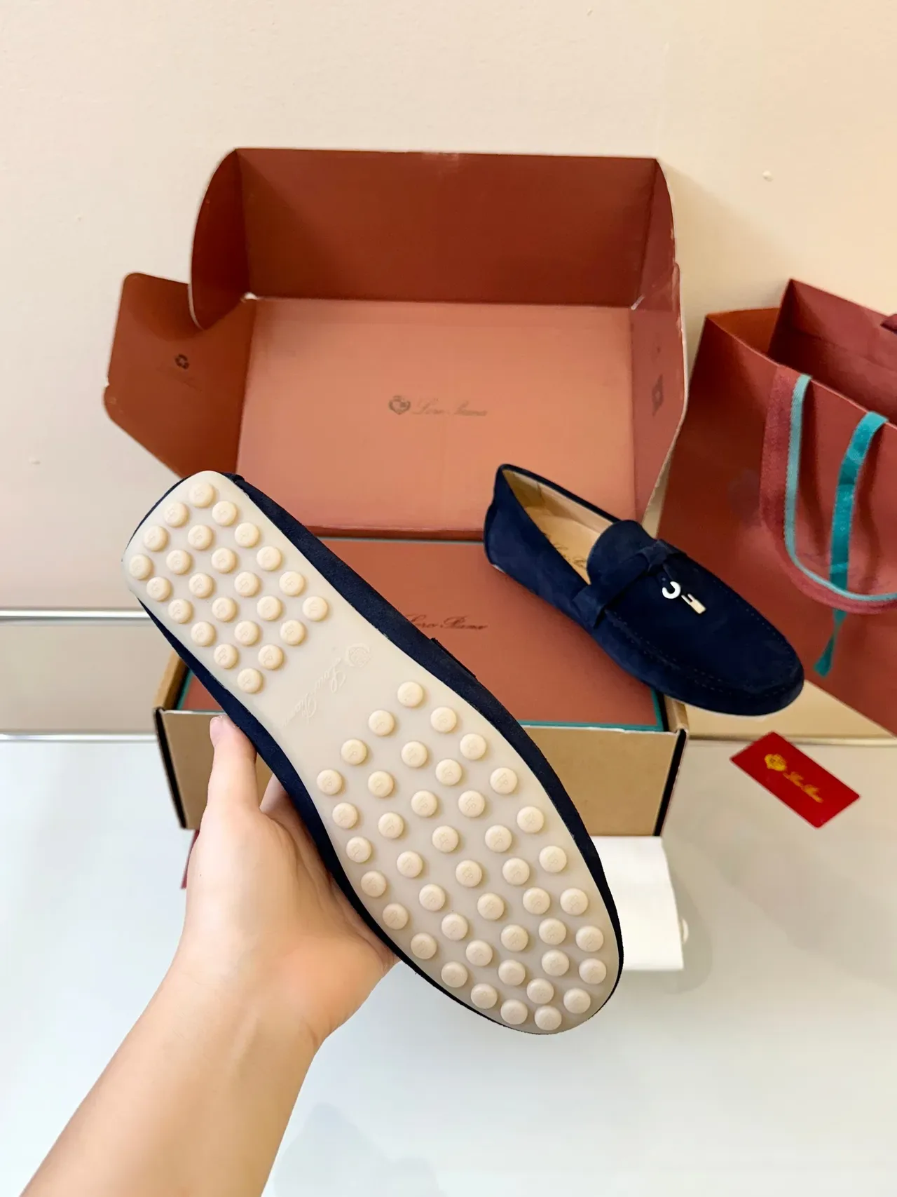 Navy Beige Suede Saddle Strap Loafer 5
