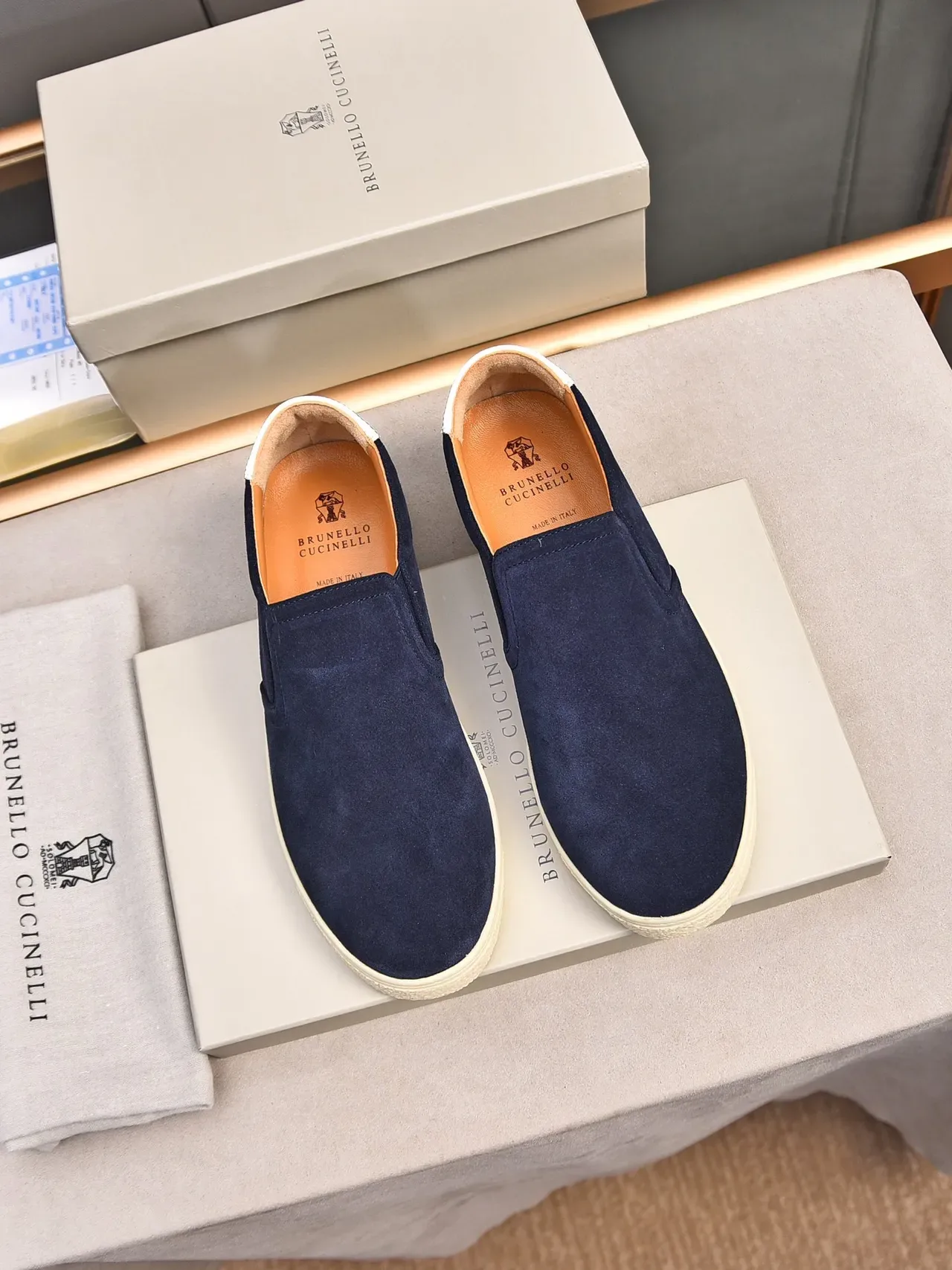 Navy Beige Suede Upper Slip-On Construction Loafer 2