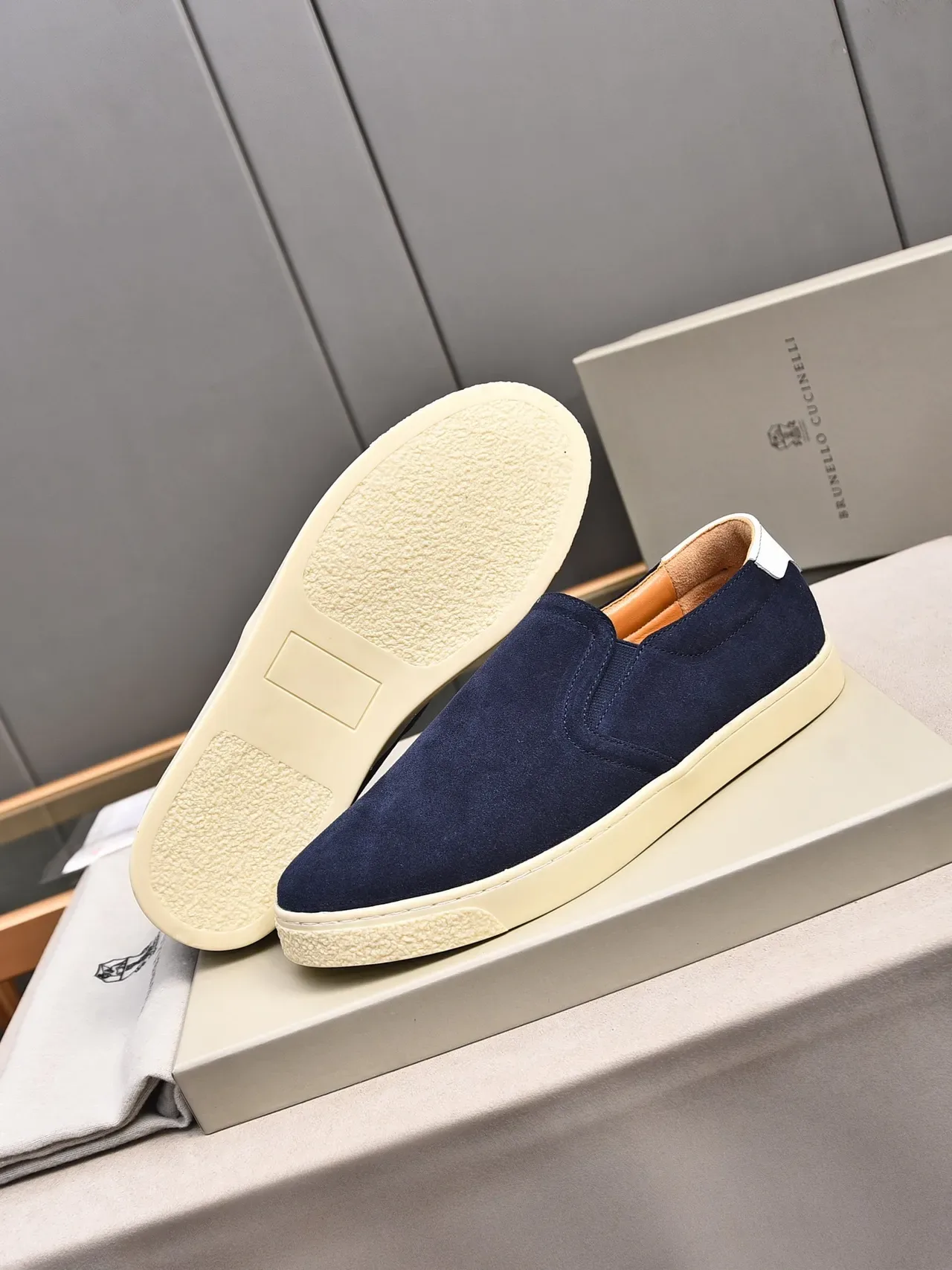 Navy Beige Suede Upper Slip-On Construction Loafer 4