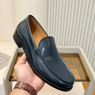 Navy Brown Glossy Patent-Like Leather Moc-Toe Stitching Loafer