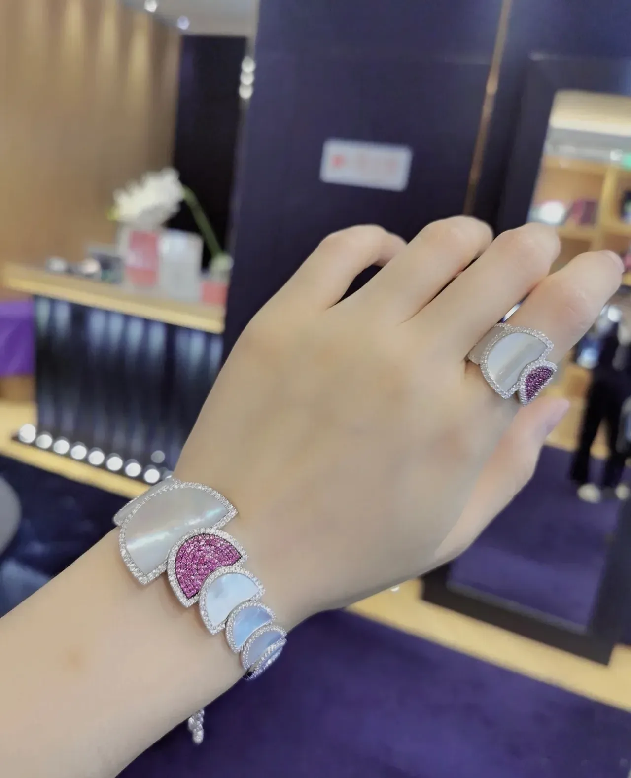 Navy Pink Cuff-Style Segmented Semi-Circular Motifs Bracelet 3
