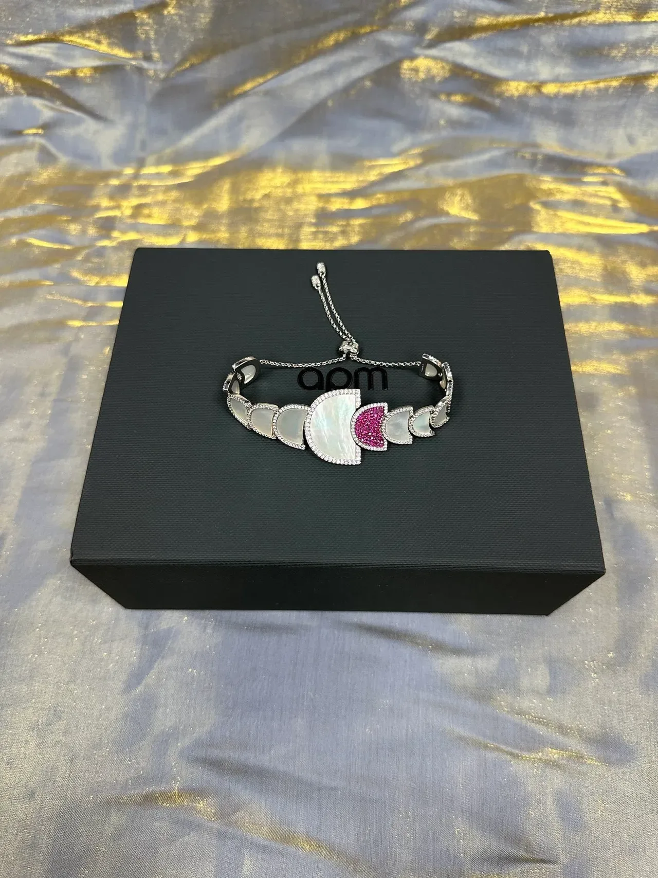 Navy Pink Cuff-Style Segmented Semi-Circular Motifs Bracelet 5