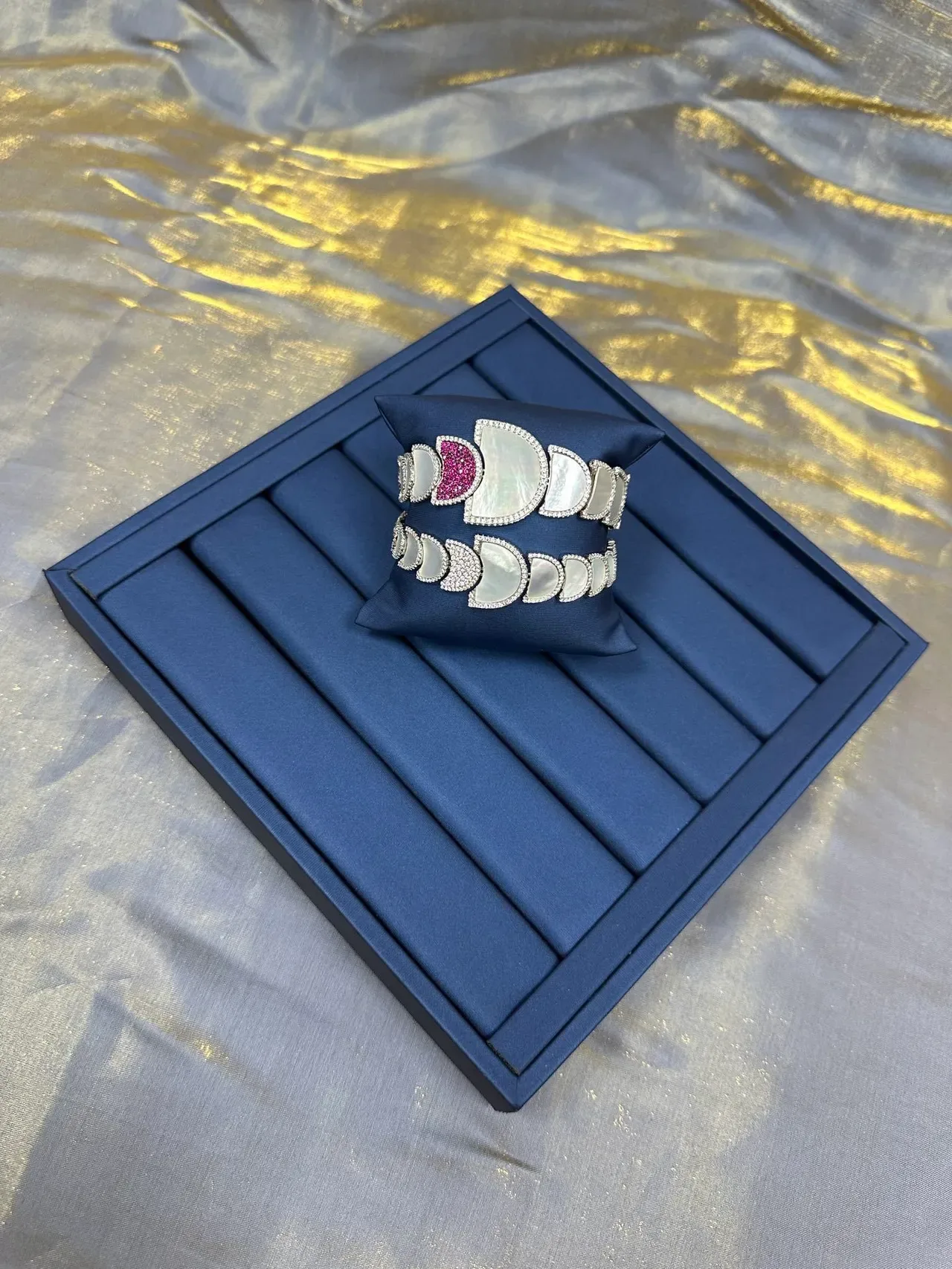 Navy Pink Cuff-Style Segmented Semi-Circular Motifs Bracelet 8