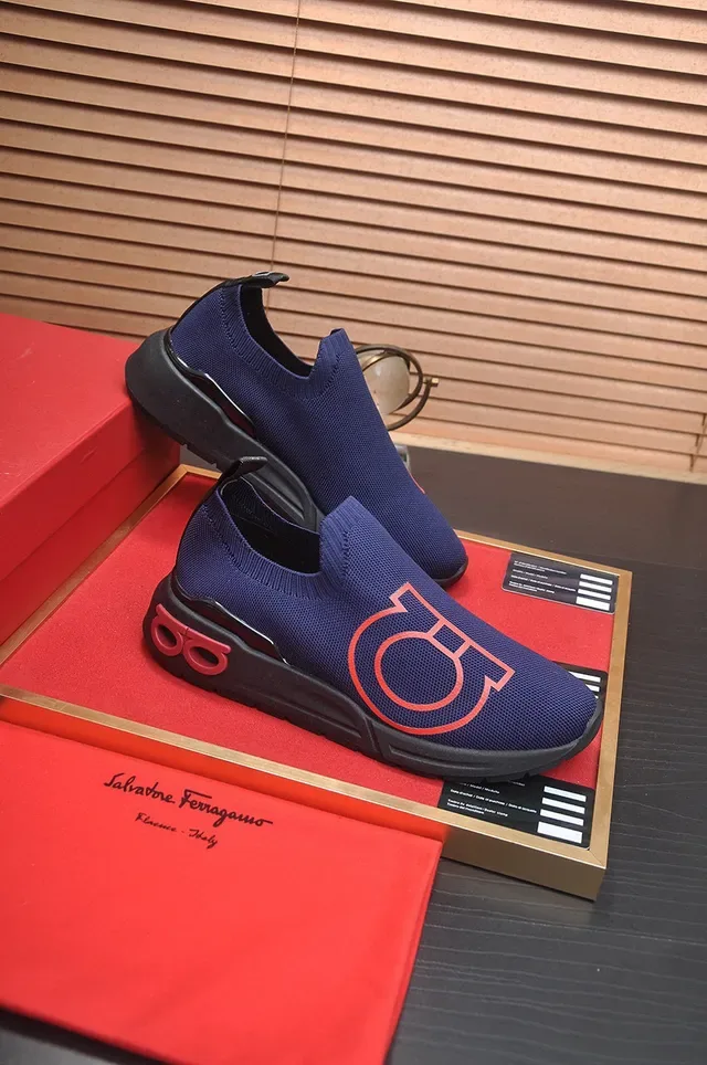Navy Red Slip-On Knit Bold Monogram Logo Sneakers 6