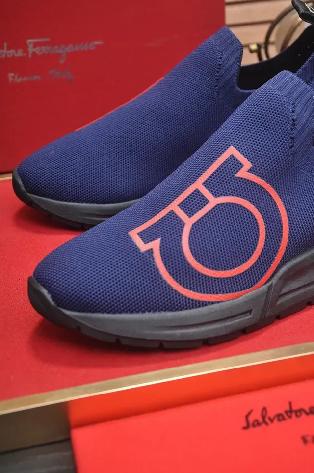 Navy Red Slip-On Knit Bold Monogram Logo Sneakers 8