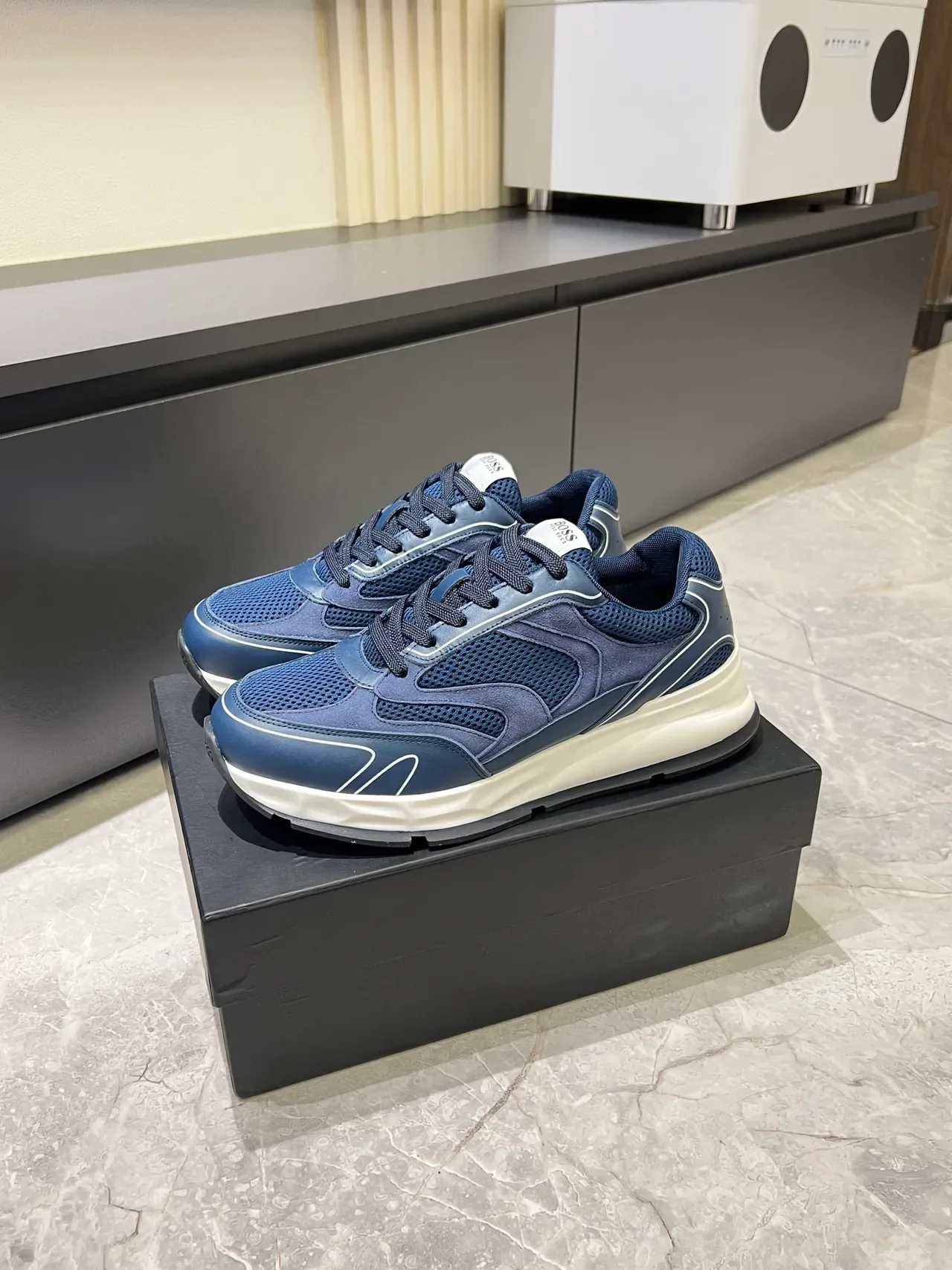 Navy White Blue Mesh-Suede Hybrid Upper Sculpted Midsole Sneakers 4
