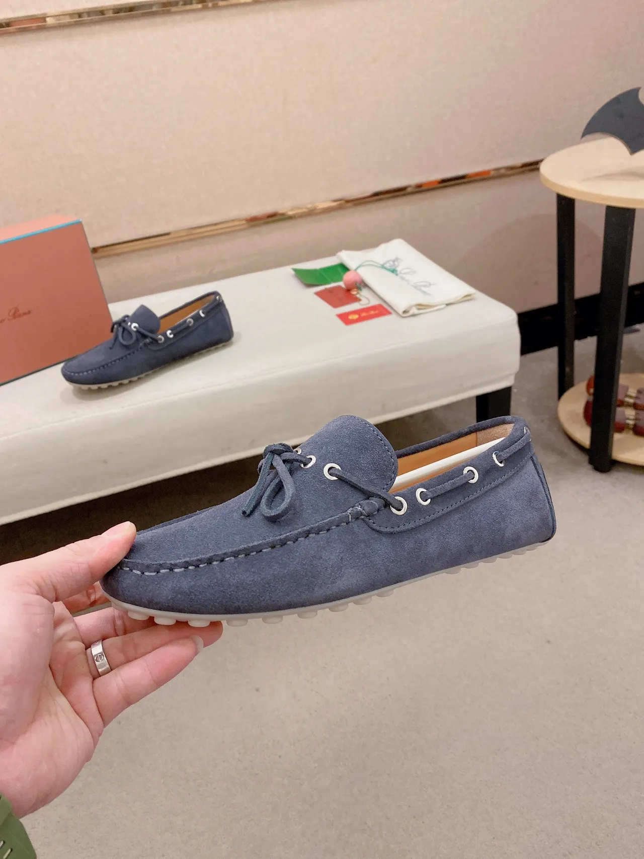 Navy White Suede Upper Rubber Pebble Sole Boat Shoes 3