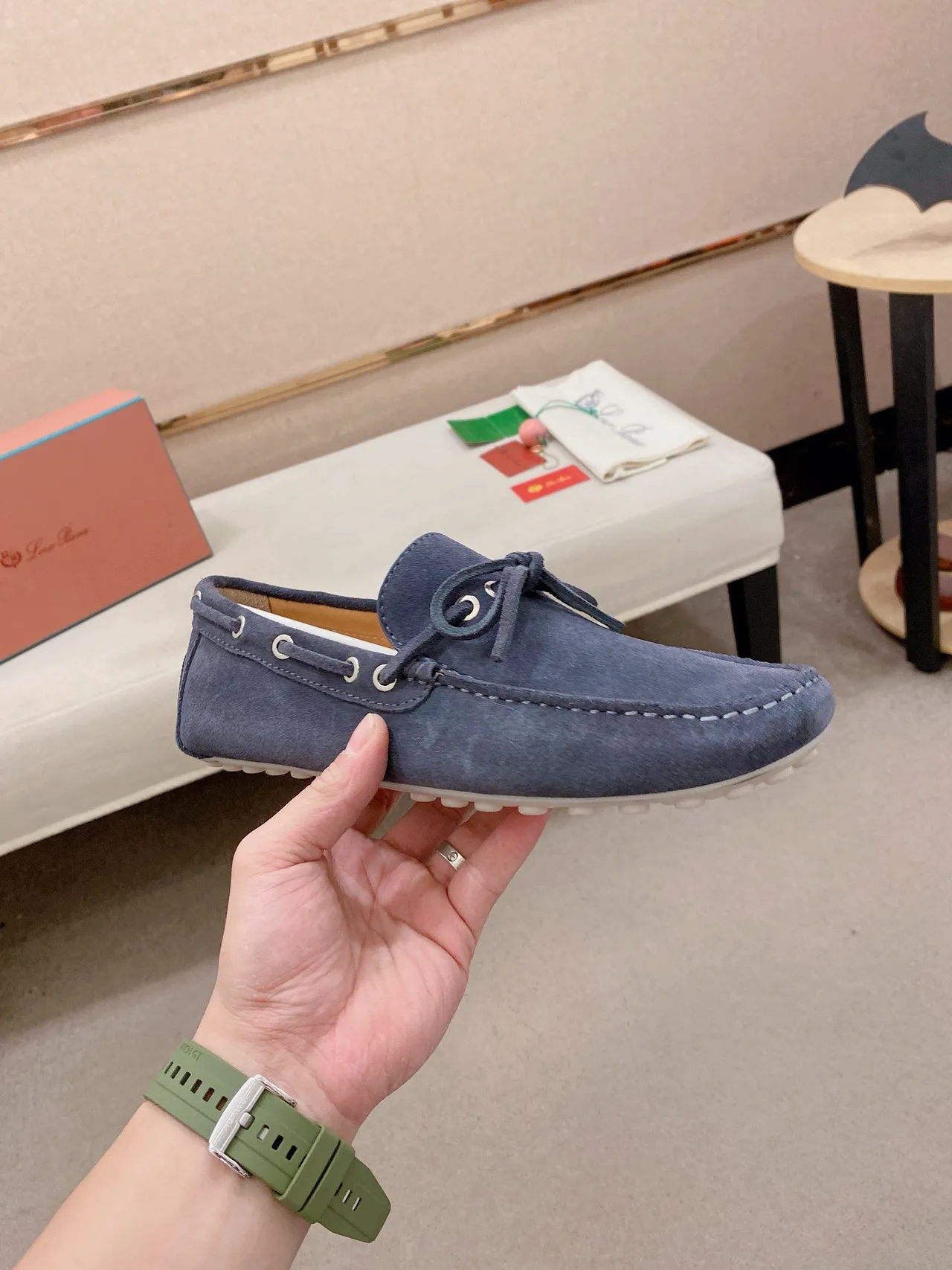 Navy White Suede Upper Rubber Pebble Sole Boat Shoes 4