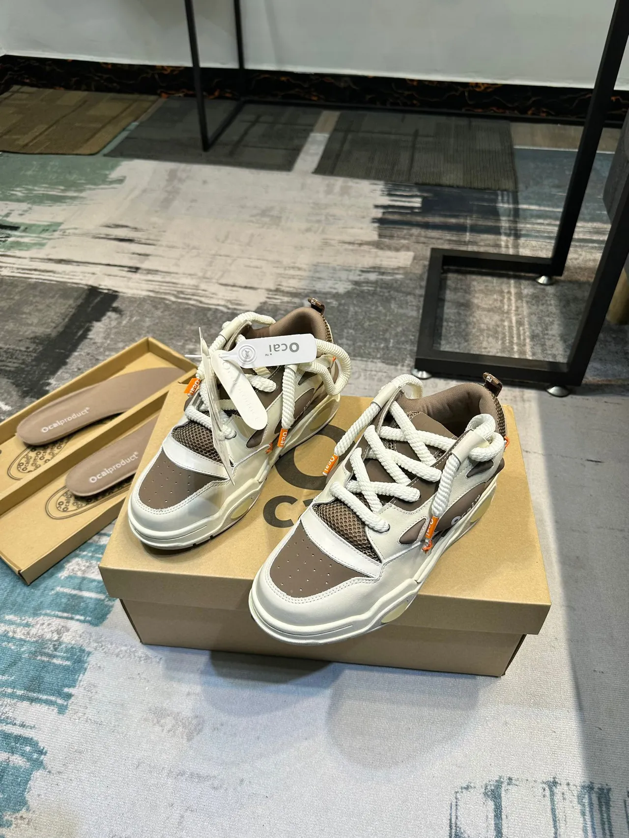 Ocai Beige Brown Layered Mixed-Material Upper Sculpted Midsole Chunky Sneakers 5