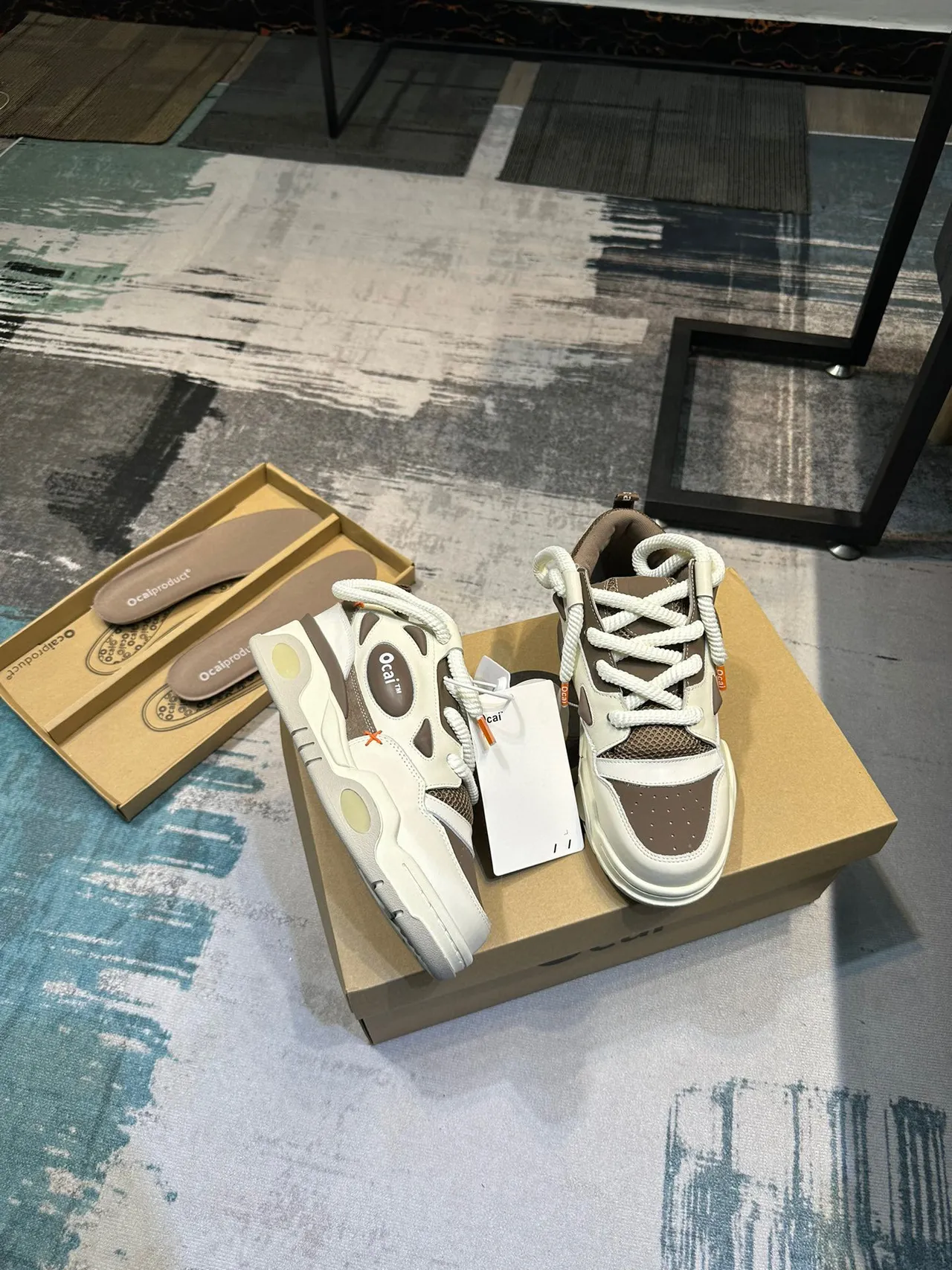 Ocai Beige Brown Layered Mixed-Material Upper Sculpted Midsole Chunky Sneakers 6