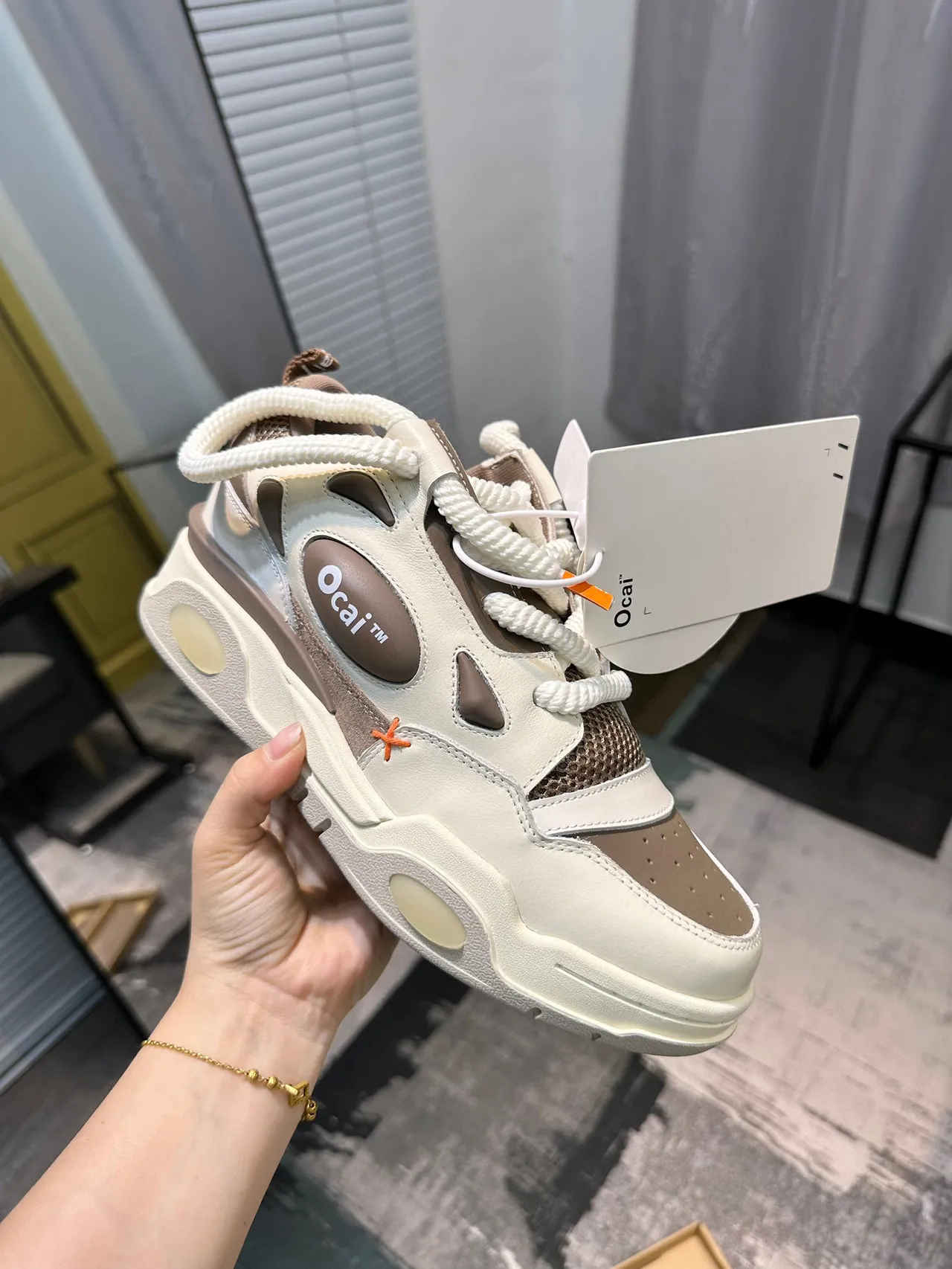Ocai Beige Brown Layered Mixed-Material Upper Sculpted Midsole Chunky Sneakers 7
