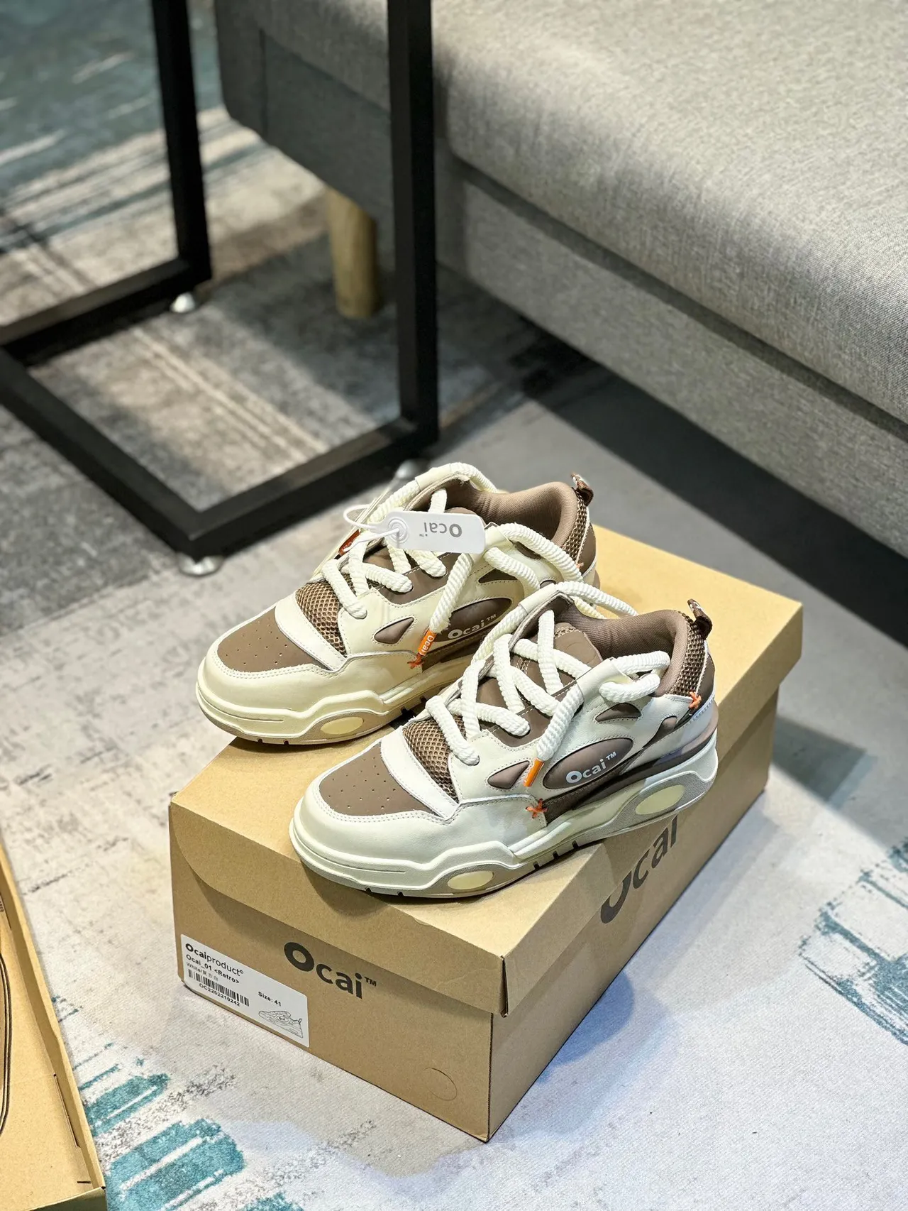 Ocai Beige Brown Layered Mixed-Material Upper Sculpted Midsole Chunky Sneakers 8