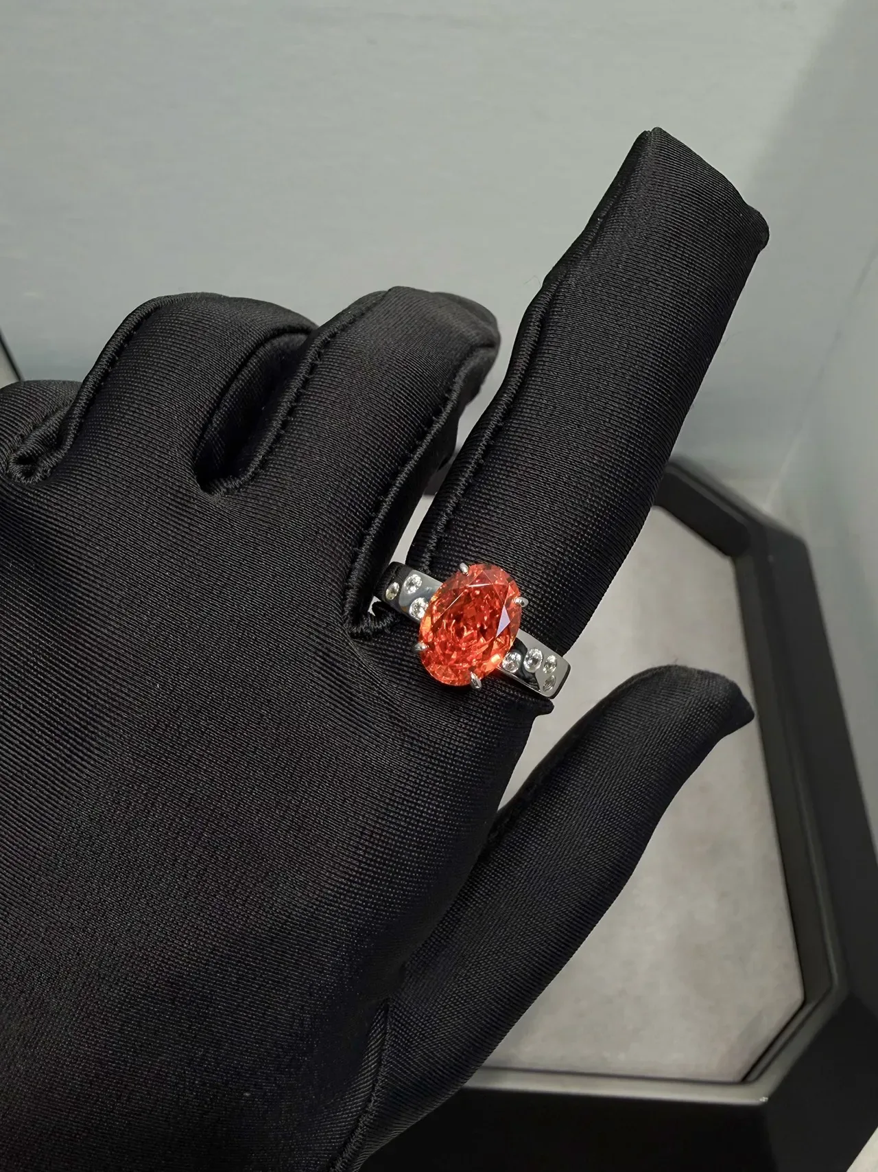 Orange Silver Oval-Cut Center Stone Four-Prong Solitaire Setting Ring 2