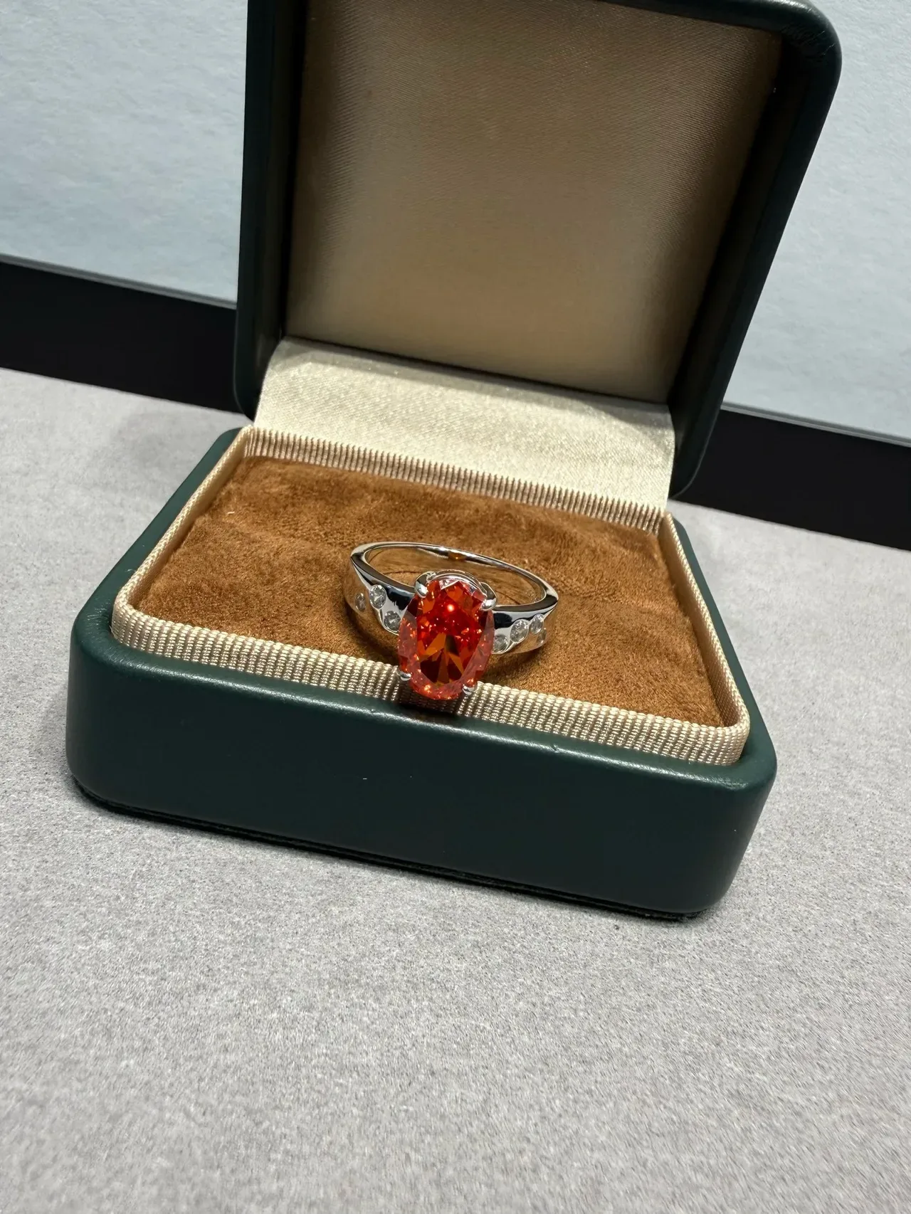 Orange Silver Oval-Cut Center Stone Four-Prong Solitaire Setting Ring 6