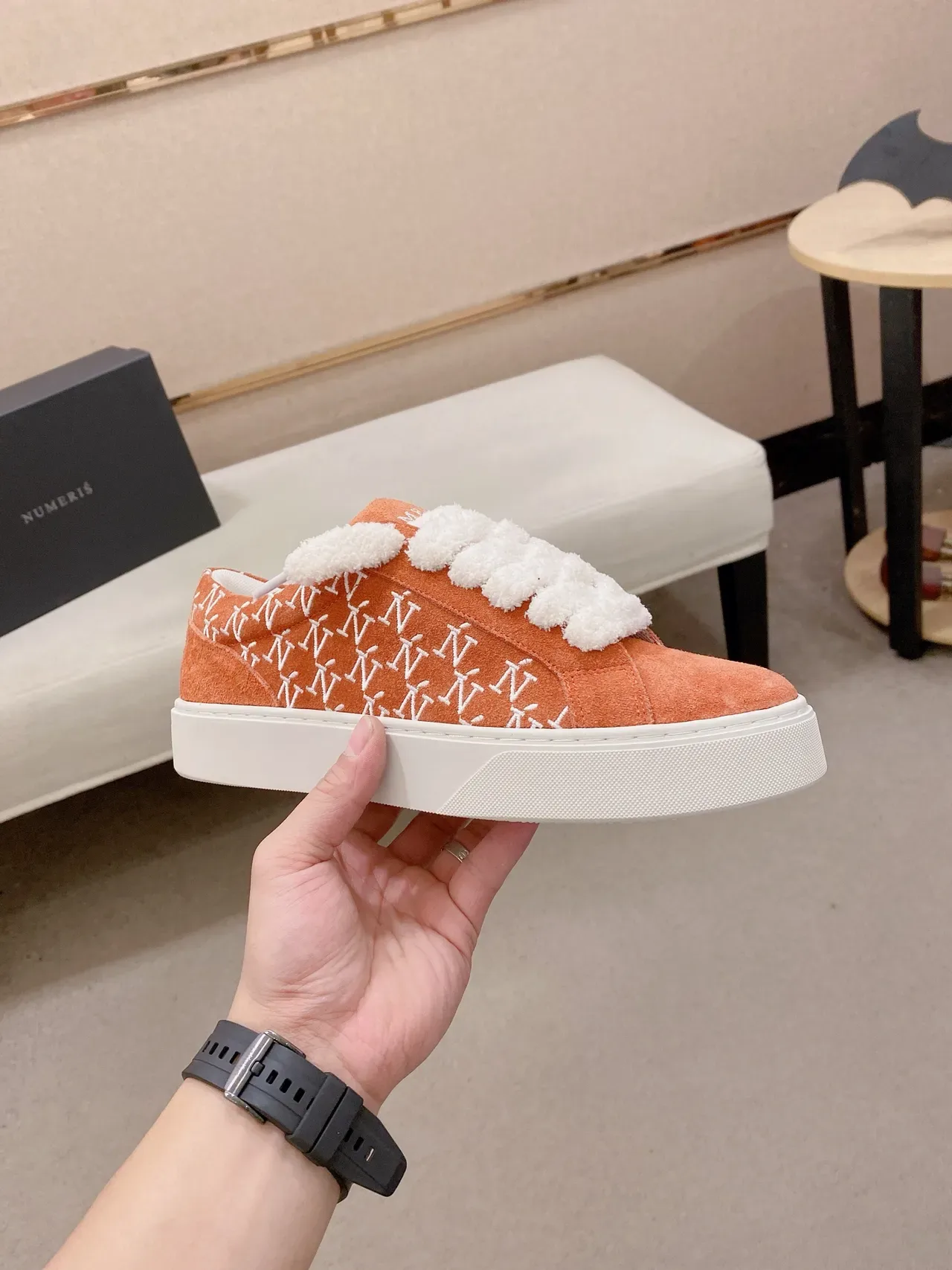 Orange White Suede Upper Fluffy Strap Sneakers 4
