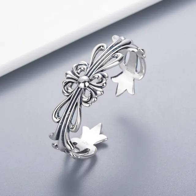 Ornate Baroque Floral Scrollwork Oxidized Silver Open Ring 7