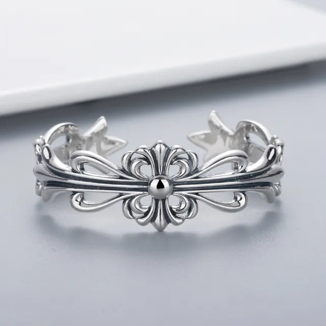 Ornate Baroque Floral Scrollwork Oxidized Silver Open Ring 8