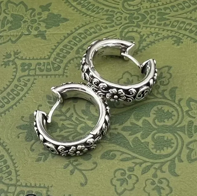 Ornate Floral Scrollwork Silver Hoop Earrings 6