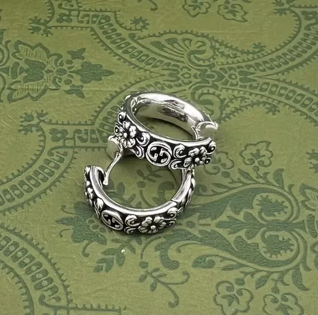 Ornate Floral Scrollwork Silver Hoop Earrings 7