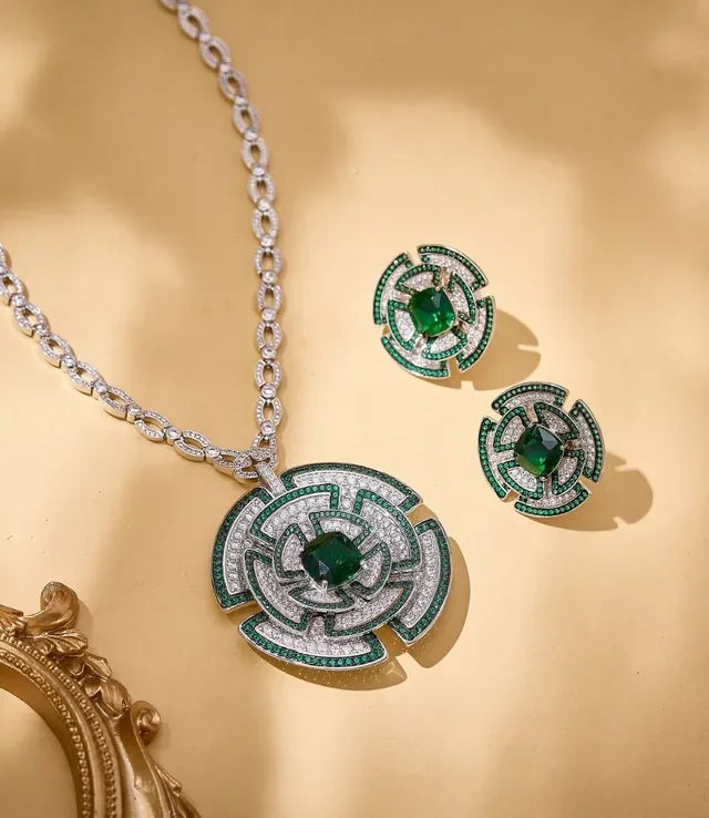 Ornate Geometric Emerald and Pavé Pendant Necklace 2