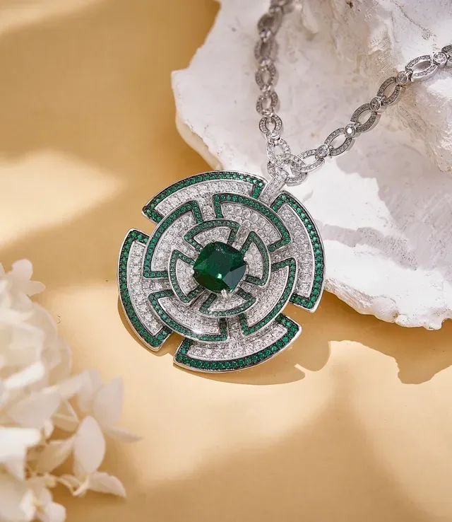 Ornate Geometric Emerald and Pavé Pendant Necklace 6