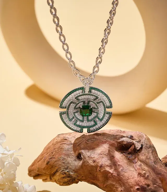 Ornate Geometric Emerald and Pavé Pendant Necklace 8