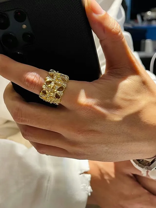 Ornate Gold-Tone Pavé Stone Openwork Floral Ring 6