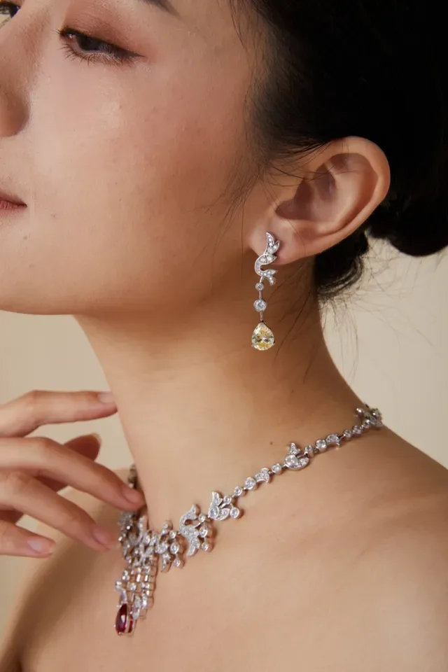 Ornate Scroll Motif Pavé and Yellow Pear Drop Earrings 2