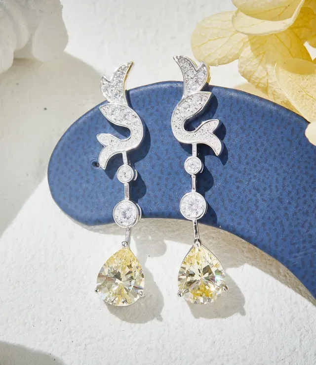 Ornate Scroll Motif Pavé and Yellow Pear Drop Earrings 3