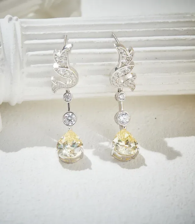 Ornate Scroll Motif Pavé and Yellow Pear Drop Earrings 4