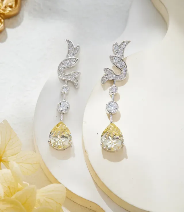 Ornate Scroll Motif Pavé and Yellow Pear Drop Earrings 7