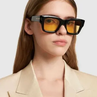 Oversized Rectangular Black Frame Amber Lens Sunglasses