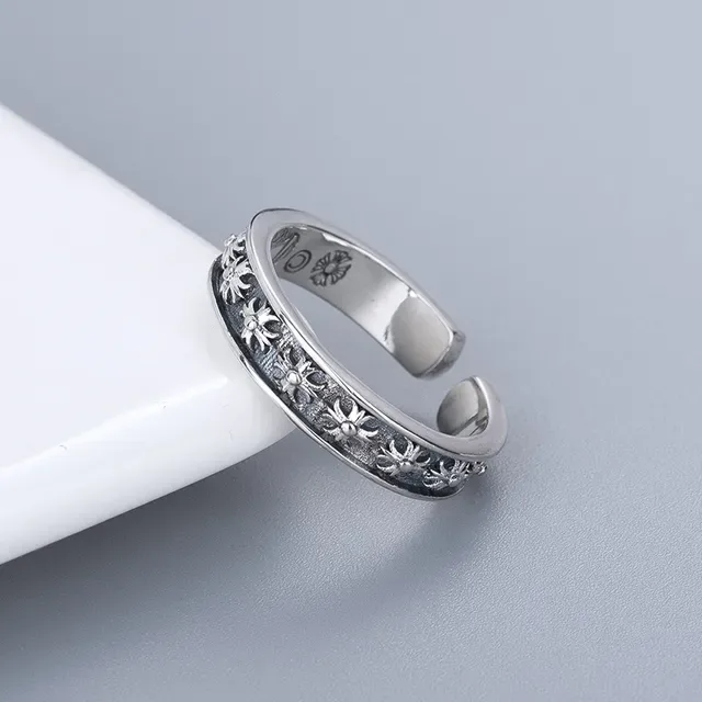 Oxidized Silver Floral Motif Adjustable Open Ring 2